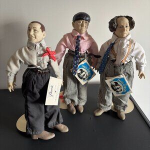 VINTAGE Three Stooges 14” Dolls - Moe - Larry - Curly - with Stands
